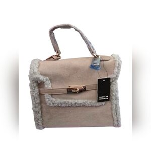 Badgley Mischka Beige Suede Satchel with Shearling Trim